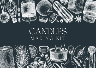 Hand-sketched aromatic candle ingredients frame on chalkboard. With candles, wax, fragrance, color, herbs, and skewers sketches. Vector design for aromatherapy, hobby, handcrafts, candle making.